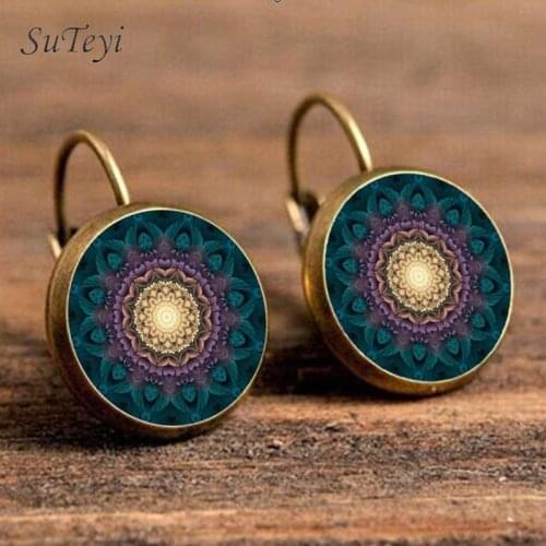 SUTEYI Vintage DIY Glass Mandala lotus Art Earrings Symbol Buddhism Zen Yoga Henna Earring Earrings For Women Jewellery
