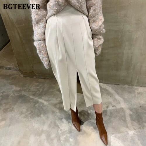 BGTEEVER Fashion High Waist Split Female PU Leather Midi Skirts 2020 Autumn Streetwear Women Skinny Package Hip Skirts