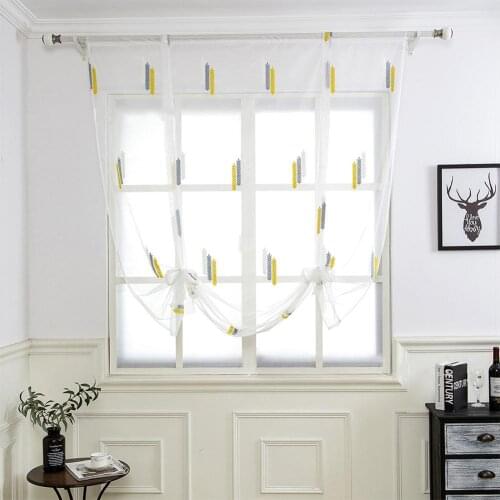 Tie Up Window Curtains Kitchen Curtain Two-color Wheat Ear Embroidered Drapery Height Adjust Curtains