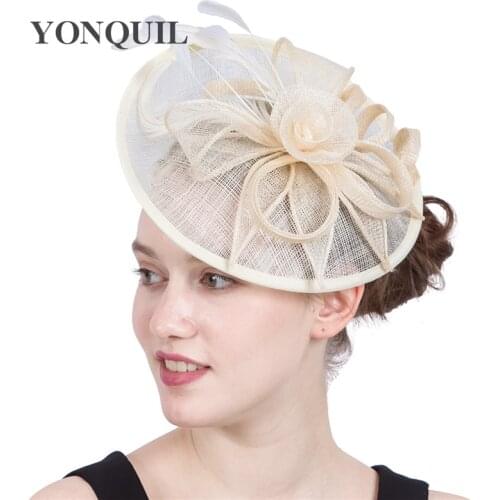 Women Wedding Headpiece Elegant Cocktail Fascinators Hats Sinamay Material Feather Pillbox Hat With Hair Bands Derby Race SYF205