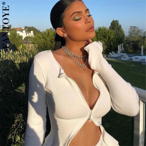 Fantoye Women Autumn New V Neck Ribbed Sweater Casual Crop Knitted Tops Zipper Long Sleeve Tricot Pullover Jumpers Tops