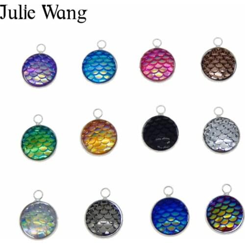 Julie Wang 12PCS 12mm Mermaid Scale Round Resin Cabochon Charms Alloy Base For Necklace Pendant Jewelry Making Accessories