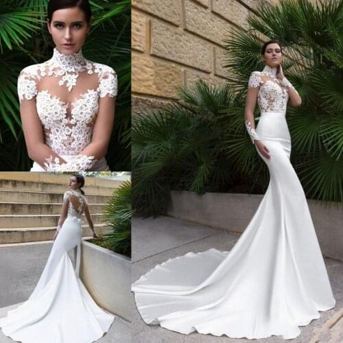 2020 High Neck Crystal Sexy Mermaid Wedding Dresses Sheer Long Sleeve Fitted See Through Back Bridal Gowns Sweep Train