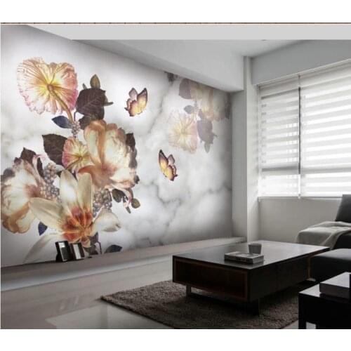 3d wall murals wallpaper European modern fashion hand painted flower butterfly white marble background wall