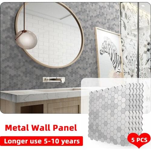 5pcs Hexagon Mosaic Wallpaper Tiles Waterproof Self Adhesive Wall Panel Sticker Peel and Stick Metal Backsplash Kitchen Decor