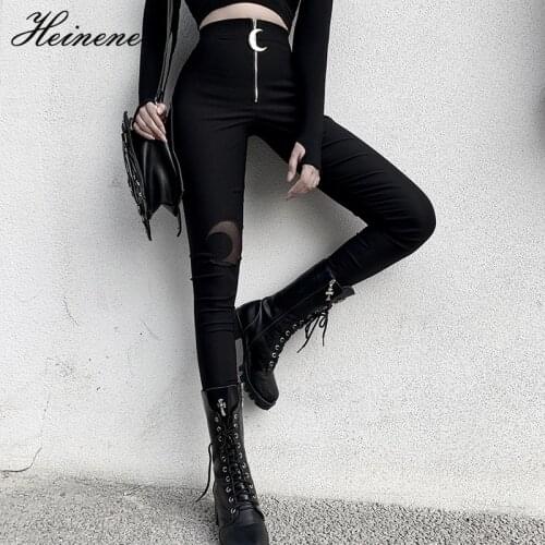 Heinene Goth Y2K Harajuku Black Pencil High Waist Pants Moon Zipper Hollow Out Bodycon Women Long Trousers Casual Vintage Pants