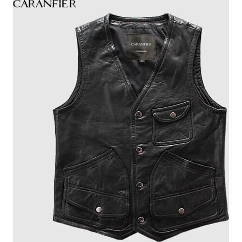 CARANFIER Retro Mens Sheepskin Vests Angel Motorcycle Multi-pocket Biker Sleeveless Short Fit Jacket Male Genuine Leather Vests