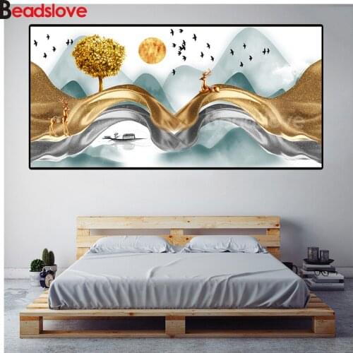 Golden Abstract Mountain Bird Landscape diamond 5d diy diamond painting full square round diamond embroidery for wall decor
