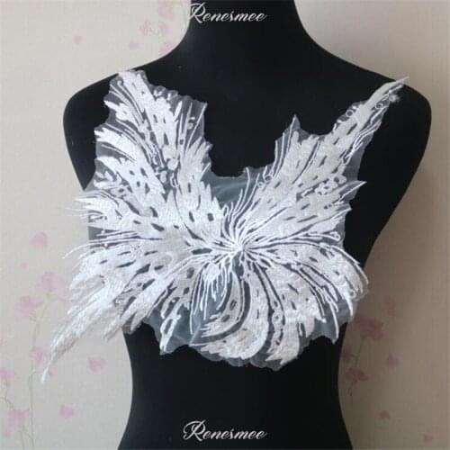 1Pc Ivory Clear Sequins Embroidery Body Lace Flower Patch Wedding Evening Dress Veil Headdress Decorative Material 45.5X23cm