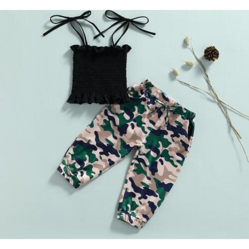 FOCUSNORM Summer Fashion Kids Girls Clothes Sets 2pcs Strap Sleeveless Solid Vest Tops Camouflage Printed Pants 1-6Y