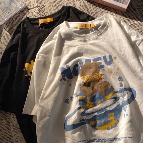Cartoon bear print short-sleeved T-shirt men women grunge Oversize loose cool tee Harajuku lovers unisex Kawaii Preppy Style Top