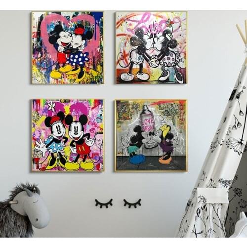 Graffiti Street Disney Canvas Prints Mickey Minnie Mouse Embrace and Kiss Posters and Print Abstract Wall Picture for Kid Decor