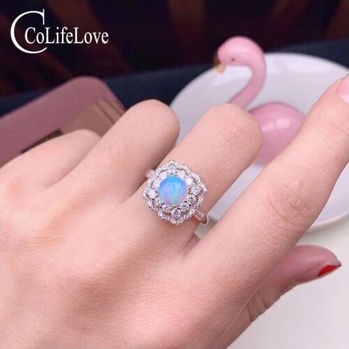 CoLife Jewlery 925 Silver Opal Ring for Daily Wear 7mm Natural Australian Opal Silver Ring Vintage Silver Opal Jewelry