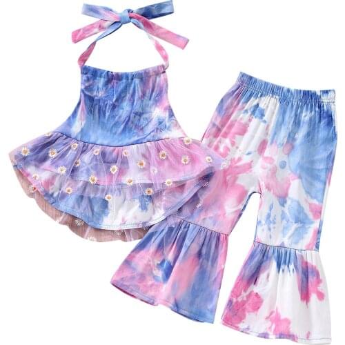 Summer Kids Tie-dyed Clothes Sets Baby Girls Lace Ruffles Backless Halter Tank Tops+Long Flared Trousers Girl Outfits 1-6Y
