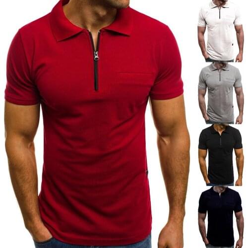Summer Solid Color Men Patch Pocket Zipper Turn Down Collar Short Sleeve T-Shirt