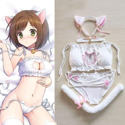 Neko Embroidery Footprints Ear/Choker Maid Cat Cosplay Sexy Lingerie Anime Miku Ruffle Hollow Kawaii Bra Strappy Briefs Set