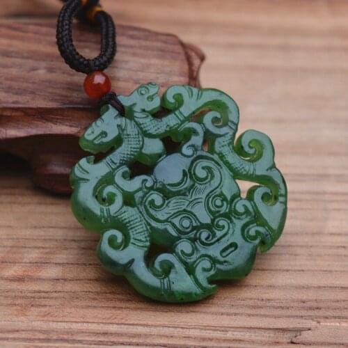 Certificate wholesale Drop Shipping Natural Green HETIAN Nephrite Fine Carved Chinese Dragon Pendant Necklace Mens Jewelry