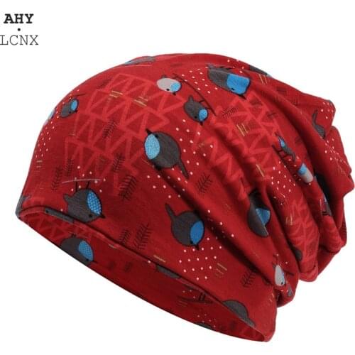 2021 Bird Pattern Printed Cotton Men Women Hat Beanies Thin Outdoor Sports Windproof Fashion Head Scarf Autumn Winter Hats