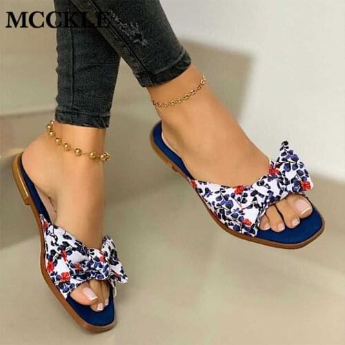 MCCKLE Women Bowties Slippers Summer Elegant Ladies Square Toe Soft PU Flats Woman Slides Outdoor Beach Fashion Beach Shoes New