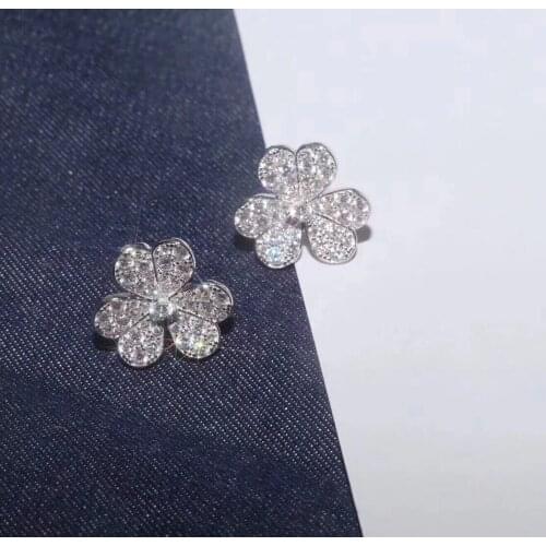 SOELLE Luxury 925 Sterling Silver Full Micro Cubic Zirconia Three Leaves Flower Stud Earrings for Women Fashion Jewelry