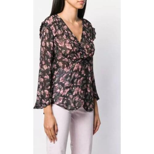 Elfbop High Quality Ladies 2019 Latest Viscose V Neck Floral Print Ruffled Blouse Shirt Top