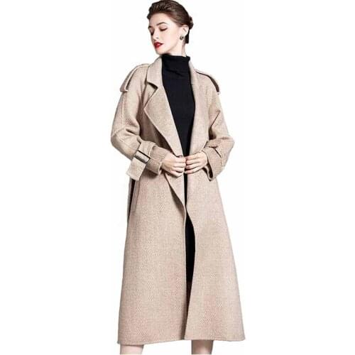 High Quality Double-Faced Wool Coat Women Autumn Winter Hem Slit Slim Belt Cashmere Woolen Jacket Handmade Long Outwear KW464