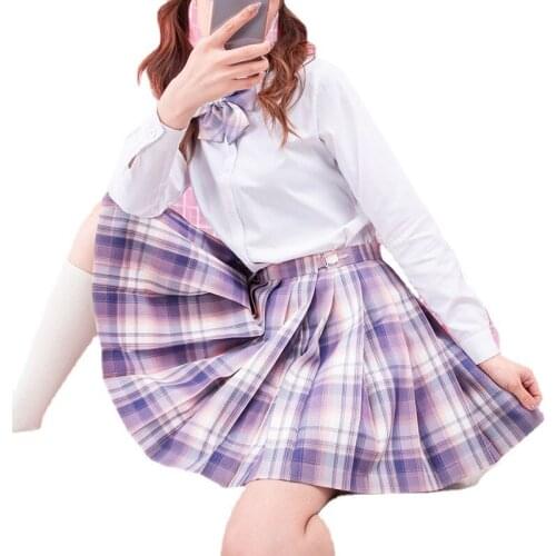 Japanese Jk Uniform Two Piece Suits Women White Long Sleeve Shirts+Purple Plaid Mini Skirt Preppy Style High Waist Skirts Sets