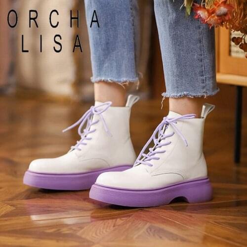 New INS Lace-Up Ankle Boots for Women Colorful Thick Bottom Round Toe Genuine Leather Boots Black White Platform Shoes