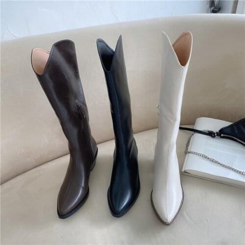 2020 Black Punk Cowboy Western Boots Women Side Zipper Wood Heel Winter Shoes Women Pointed Toe High Heel Knee Boots Women