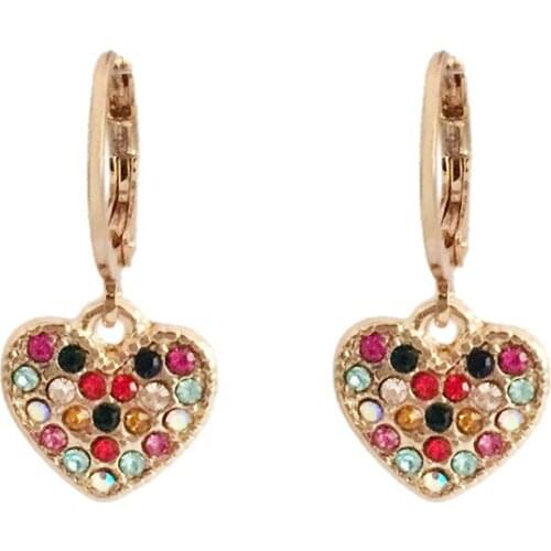 Blingbling Gold Color Plating Colorful Rainbow Mixed Color Stone in Heart Charm Hoop Earrings For Women Girl Lovely Cute Summer