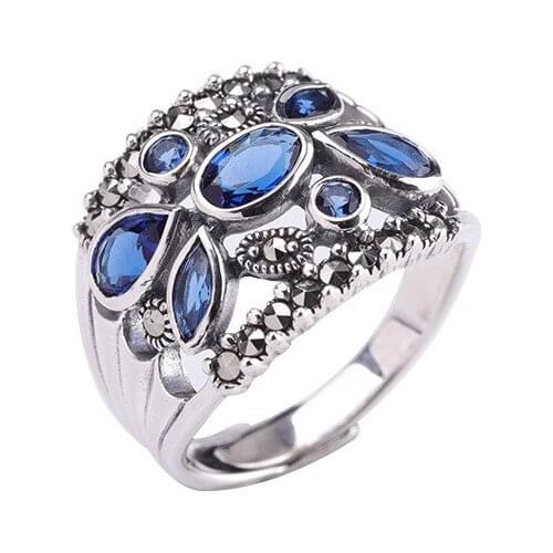 2019 Elegant Gemstone Rings For Women Real 925 Sterling Silver Blue Zircon Jewelry Anniversary Gift Adjustable Original Ring