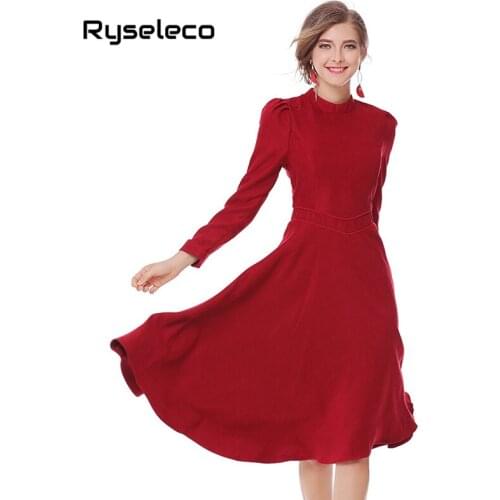 Women robe femme 2018 Fall Vintage Pure Color Long Sleeve Casual Dress Female Elegant Stand Collar Winter Basic Flare Midi Dress