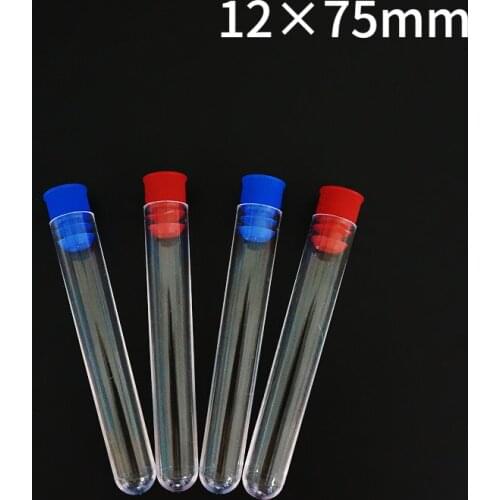 100pcs 12x75mm Clear Plastic test tubes with blue/red stopper push cap for kind experiments and tests