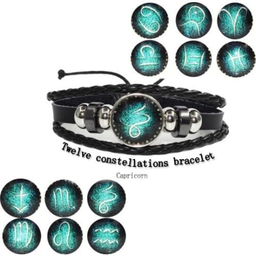 12pcs/lot 12 Zodiac Signs Bracelet Punk Leather Bracelet 12 Constellations Bracelets Men Casual Personality Gold Alloy Bracelet