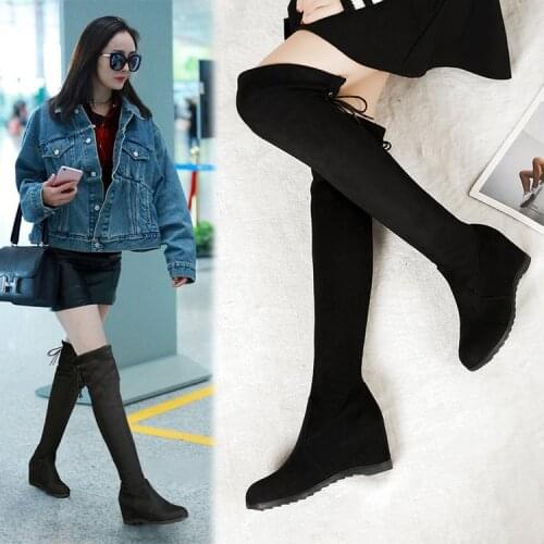 2021 new high heel slope and Korean womens boots knee high boots show thin Martin boots lace up high boots Non-slip lightweight