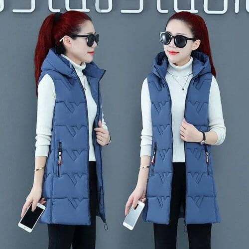 2021New Autumn Winter Cotton Vest Women Parkas Mid-Length Female Jacket Large Size Hooded Waistcoat Lady Warm CottonPadded Coat