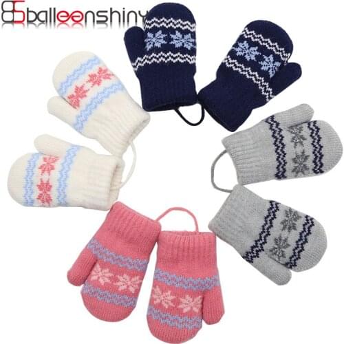 BalleenShiny Childrens Mittens Cashmere Thick Warm Cute Knitted Mittens For 0-2years Baby Small Snowflake Hanging Neck Gloves