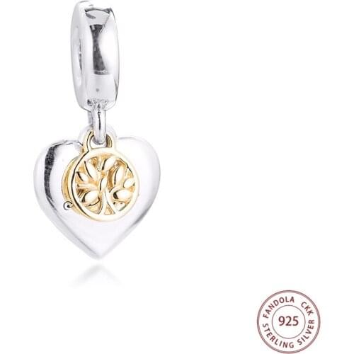 Mothers Day 2021 Fits Pandora Bracelet 925 Sterling Silver Two-tone Family Tree & Heart Charms Beads DIY Jewelry Gift 14K Gold