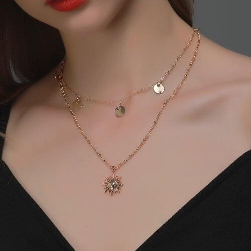 Fashion Disc Double Layer Necklace for Women Gold Colour Alloy Sun Pendant Necklace Party Jewelry Clavicle Chain 2020 Trend New