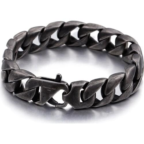 Fave love 15mm wide 8.66 inch lenght Stainless Steel 9g Vintage black Fashion Cuban Chain Bracelet Bangle Mens biker jewelry