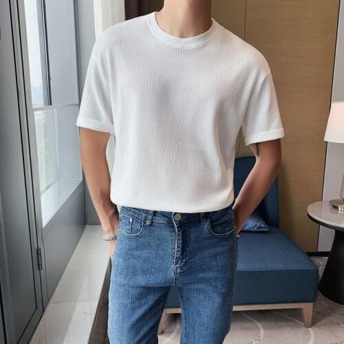 2021 Summer O-neck Knitting T-shirts for Men Short Sleeve Slim Fit Casual Tshirt Solid Color Business Social Tops Mens Clothing