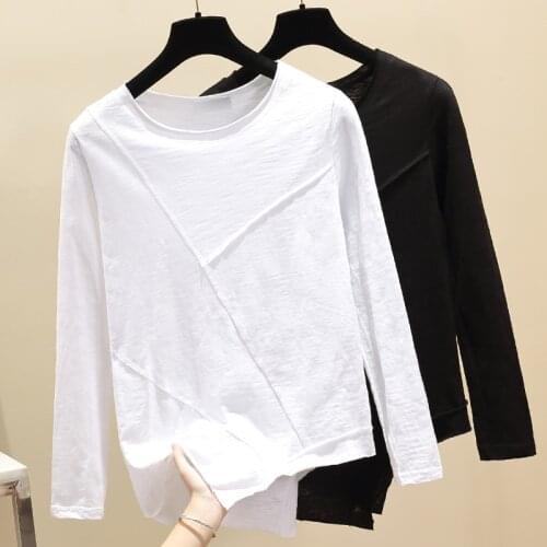 Gkfnmt Cotton T Shirt Women Long Sleeve Tshirt 2021 White Black Irregular Womens Tops Casual T-Shirts Plus Size Tee Shirt Femme
