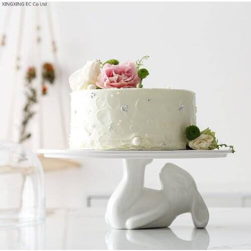 Nordic Cute Rabbit Cake Dish Ceramic Fruit Platter Dessert Dish Glass Cover Simple Household Birthday Party Wedding Supplies