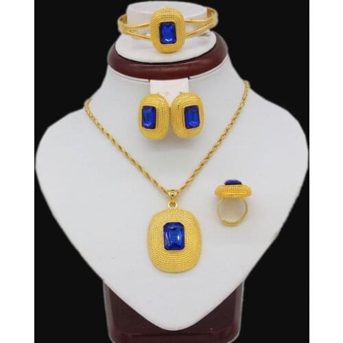 Fashion Blue Stone Ethiopian Wedding Jewelry Sets Necklace/Earrings/Ring/Bangle/Pendant Gold Color African Bridal Gifts