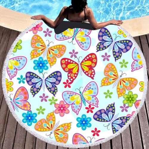 Colorful Butterfly Bohemian Flower Round Beach Towel Microfiber Absorbent Beach Blanket Beach Mat 150cm In Diamet