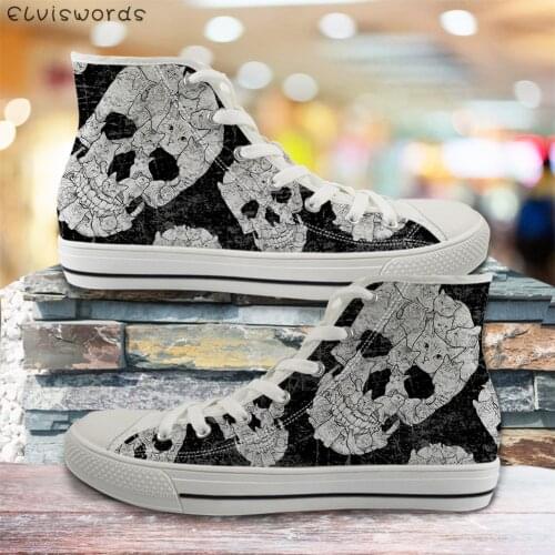 ELVISWORDS Stylish Sugar Skull Pattern Lace-up Sneakers for Mens Womens Comfort High-top Cnvas Shoes Ladies Vulcanized Flats