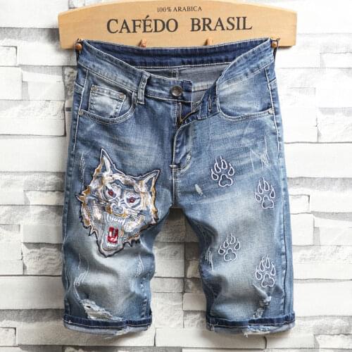 Summer Mens Blue Jeans Knee Length Holes Animal Pattern Embroidery Casual J55