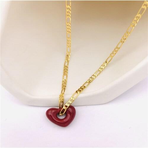 LOVOACC Sweet Hollow Red Love Heart Enamel Figaro Chain Pendant Necklaces Bohemian Chic Vintage Chains Necklaces for Women Gifts