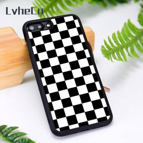 LvheCn Silicone Rubber Phone Case Cover for iPhone 6 6S 7 8 Plus X XS XR 11 12 Mini Pro Max BLACK WHITE CHECKERS
