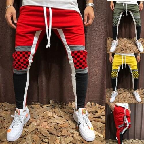 QNPQYX Men autumn Sports Pants Plaid Contrast Color Stitching Hip-hop Fitness Pants Drawstring Joggers Streetwear Pencil Pants